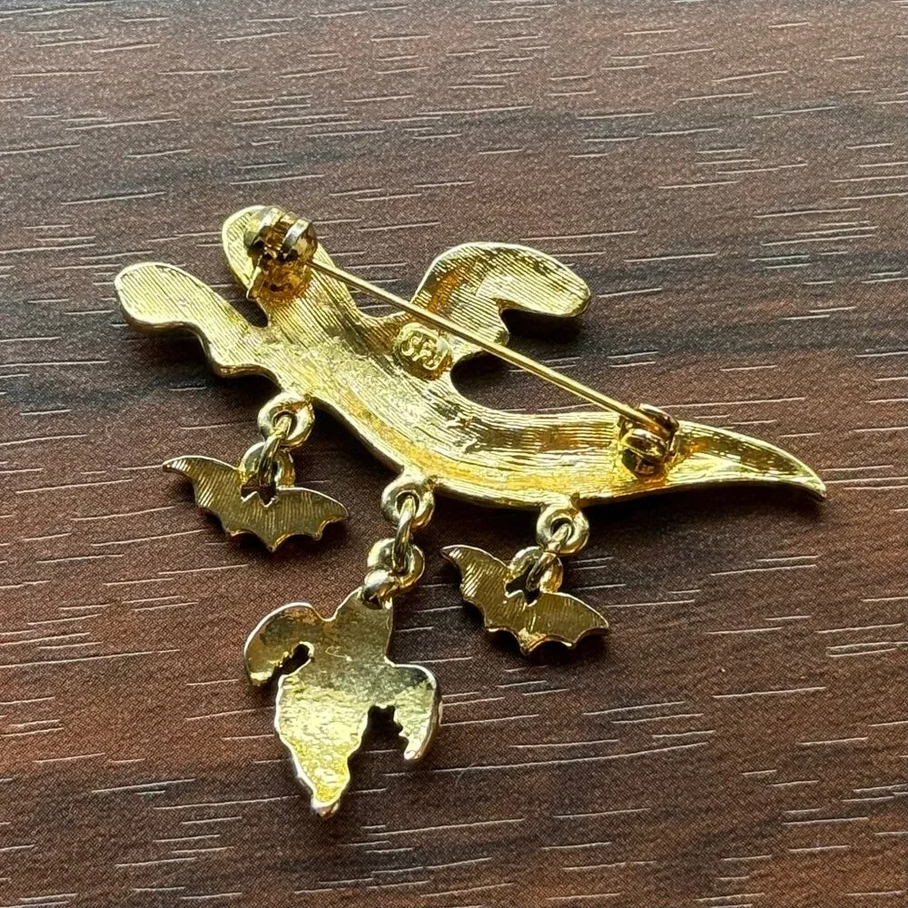 SFJ Vintage 80s Enamel Ghost Brooch Pin with Bats Gold Tone